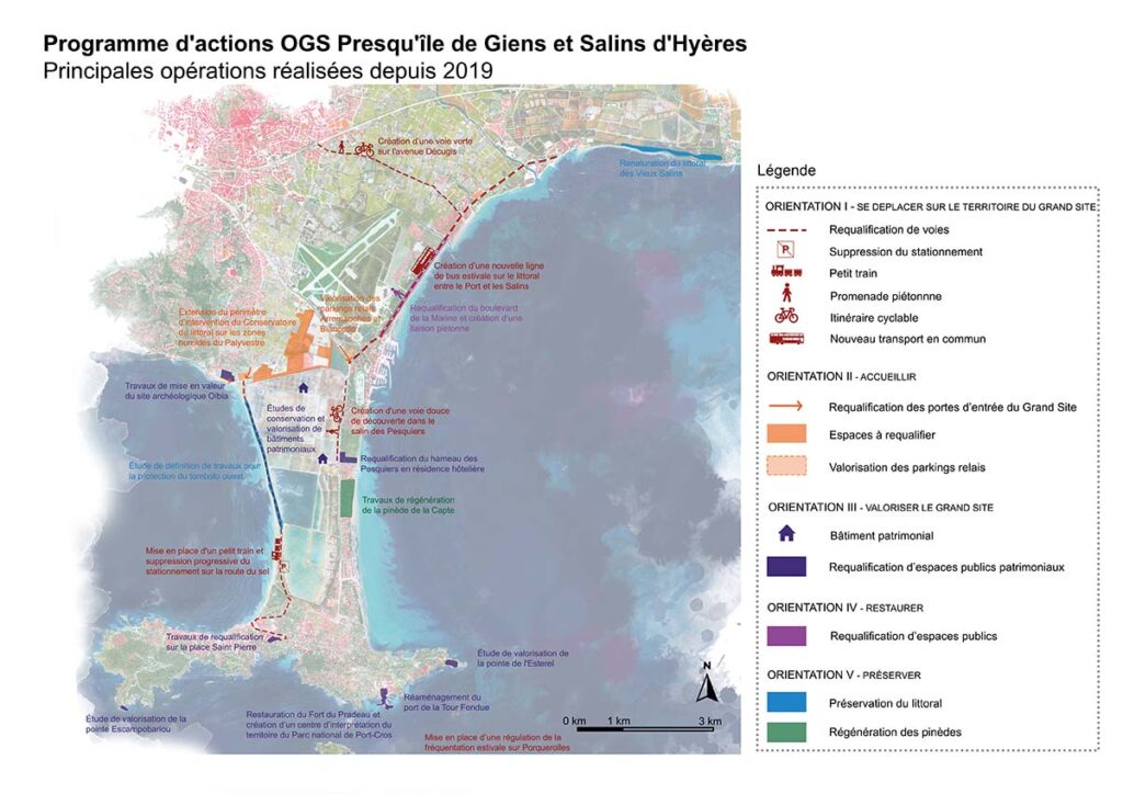 Carte des actions réalisées dans le cadre de l'OGS sur la presqu'île de Giens et les Salins d'Hyères